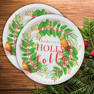 Wreath Holly Jolly White Paper Plate