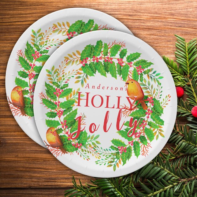 Wreath Holly Jolly White Paper Plate (Lovely Wreath Holly Jolly Design.)