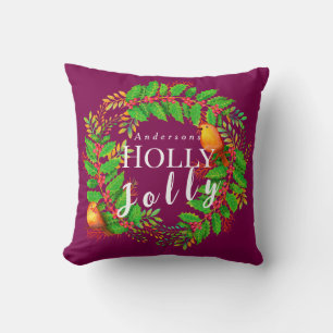 Wreath Holly Jolly Wine Cushion