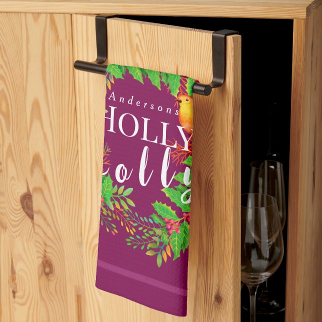 Wreath Holly Jolly Wine Tea Towel (Thirds Fold)