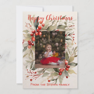 wreath holly leaves red berries   your photo holiday card
