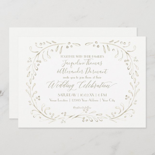 Wreath Leaf Calligraphy Modern Simple Watercolor Invitation (Front/Back)