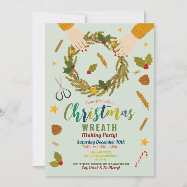 Wreath Making Festive Party Christmas Family Invitation (Front)