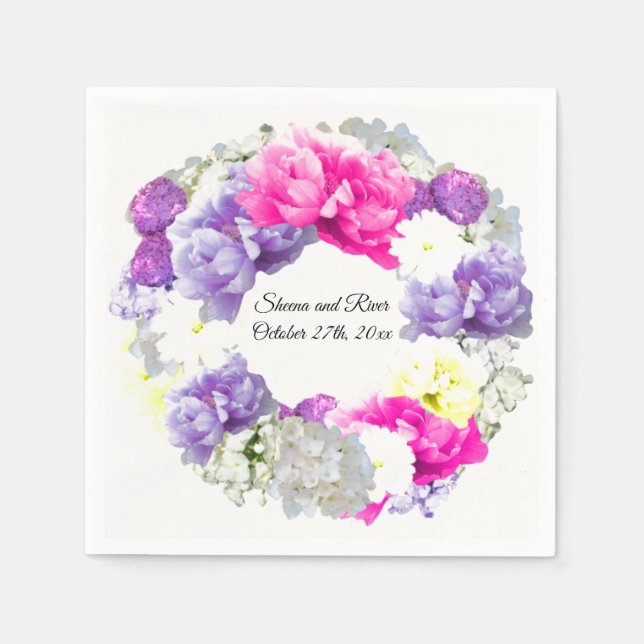 Wreath Mixed Floral Wedding Paper Napkins (Front)