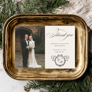 Wreath Monogram Elegant Calligraphy Wedding Thank You Card