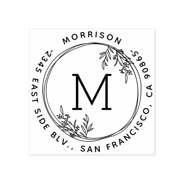 Wreath Monogram Family Name Round Return Address Rubber Stamp (Imprint)
