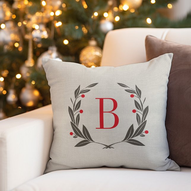 Wreath Monogram Holiday Throw Pillow (Creator Uploaded)