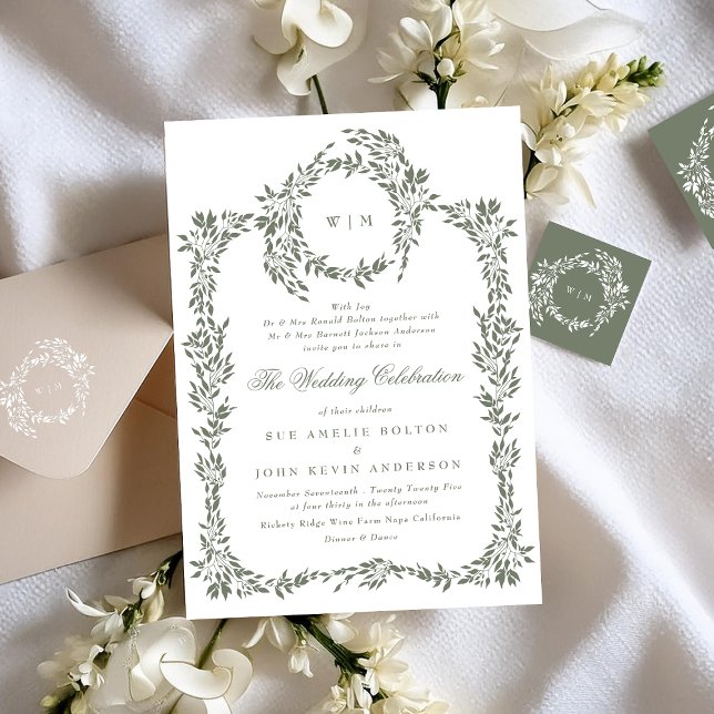 Wreath Monogram Sage Green Elegant Frame Wedding Invitation (Creator Uploaded)
