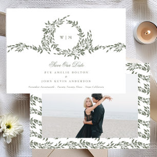 Wreath Monogram Sage Green Elegant Wedding Photo Save The Date