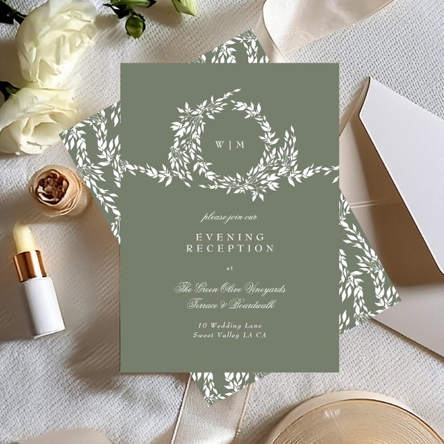 Wreath Monogram Sage Green Wedding Reception Enclosure Card (Creator Uploaded)