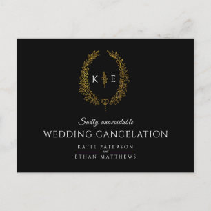 Wreath monogram wedding cancellation black gold announcement postcard