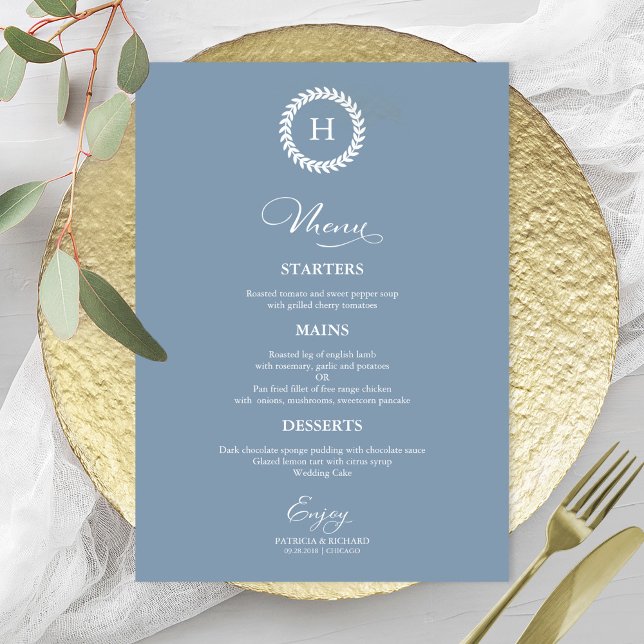Wreath Monogram Wedding Menu Cards Dusty Blue (Creator Uploaded)