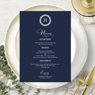 Wreath Monogram Wedding Menu Cards Navy blue