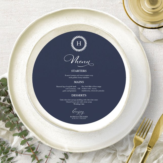 Wreath Monogram Wedding Menu Cards Navy Blue (Creator Uploaded)
