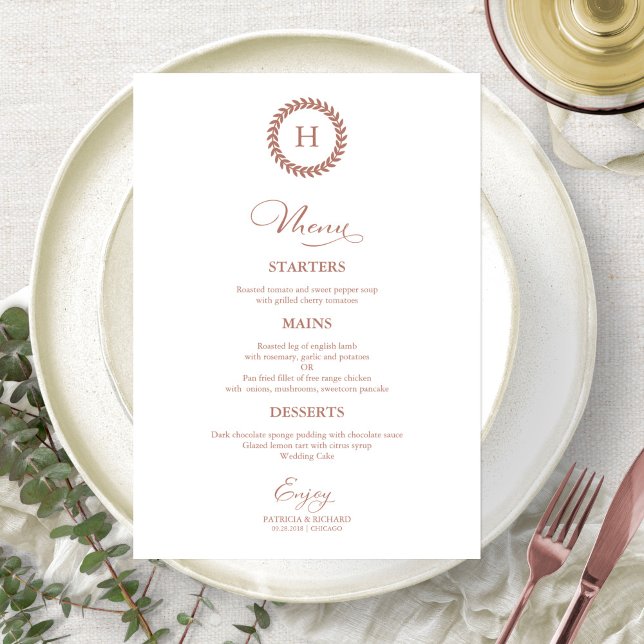 Wreath Monogram Wedding Menu Cards Rose Gold (Creator Uploaded)