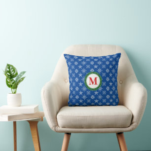 Wreath Monogram White Snowflakes Blue Background Cushion