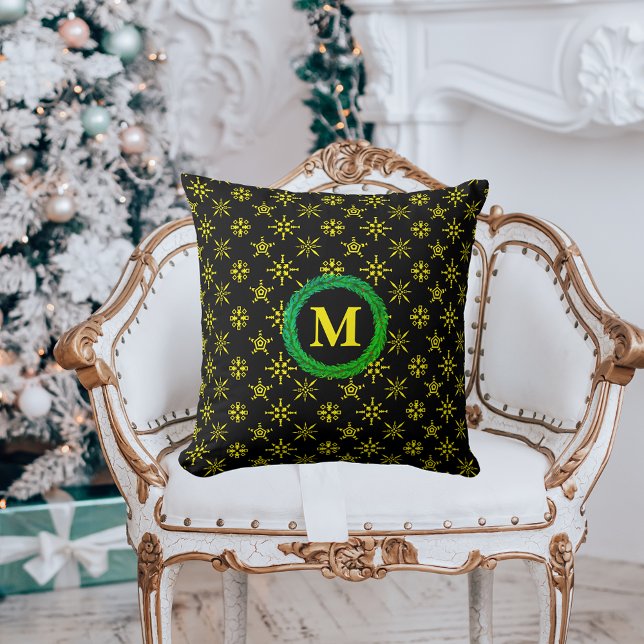 Wreath Monogram Yellow Snowflakes in Black Cushion (Wreath Monogram Yellow Snowflakes in Black Throw Pillow)