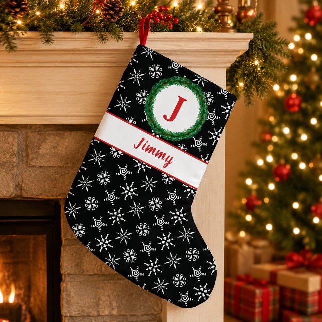 Wreath Monogram Your Name Black & White Snowflakes Small Christmas Stocking (Wreath Monogram Your Name Black & White Snowflakes Small Christmas Stocking)