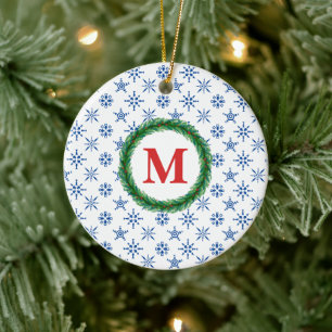 Wreath Monogram Your Name Blue Snowflakes White Ceramic Tree Decoration