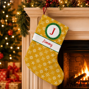 Wreath Monogram Your Name Gold & White Snowflakes Small Christmas Stocking