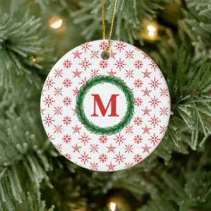 Wreath Monogram Your Name Red Snowflakes White Ceramic Tree Decoration