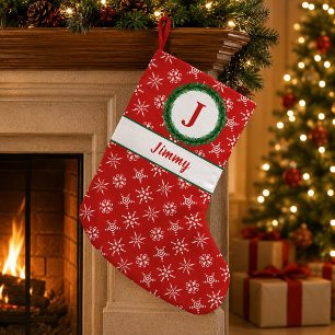 Wreath Monogram Your Name Red & White Snowflakes Small Christmas Stocking