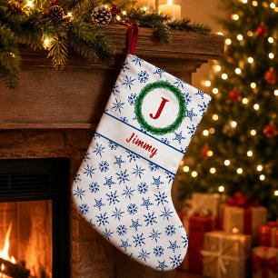 Wreath Monogram Your Name White & Blue Snowflakes Small Christmas Stocking