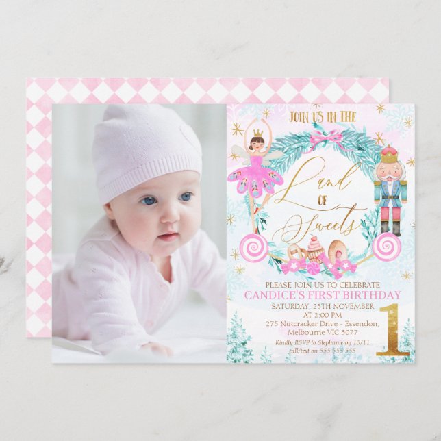 Wreath Nutcracker Land of Sweets Photo Birthday Invitation (Front/Back)
