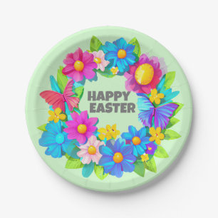 Wreath of Colourful Easter Flowers Paper Plate