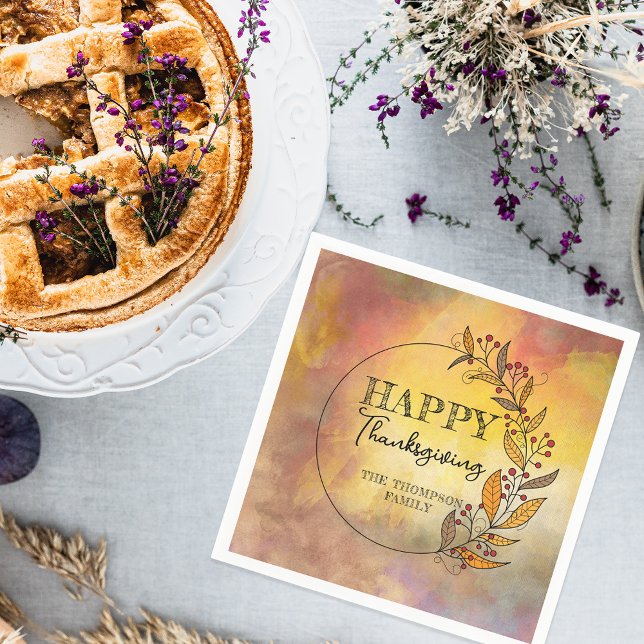 Wreath Of Doodle Leaves and Berries Thanksgiving  Napkin (Creator Uploaded)