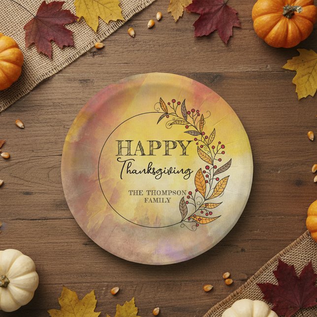 Wreath Of Doodle Leaves and Berries Thanksgiving  Paper Plate (Creator Uploaded)
