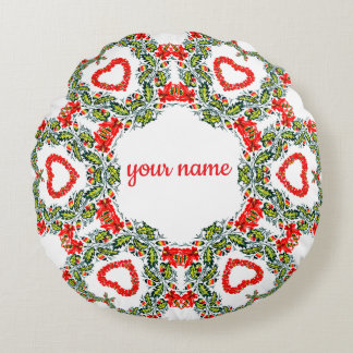 Wreath of flowers and hearts round cushion