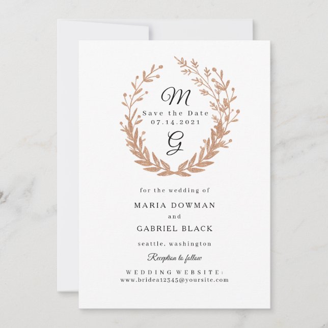 Wreath of golden foliage with a monogram. Wedding Save The Date (Front)