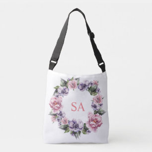 Wreath of Pink Purple Flower Monogrammed Tote Bag