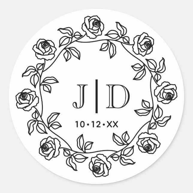 Wreath of Roses Two Initial Wedding Monogram CO2 Classic Round Sticker (Front)