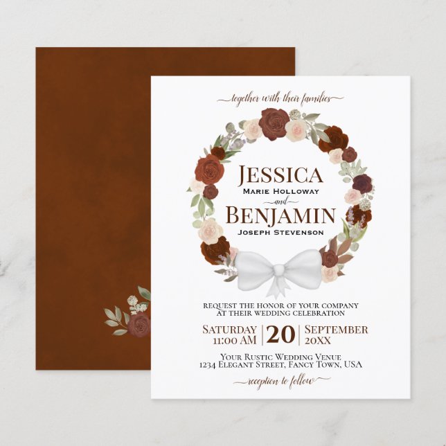 Wreath of Rust Orange Roses BUDGET Wedding Invite (Front/Back)
