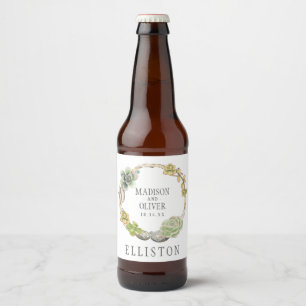 Wreath of Succulents, Twigs and Stones   Wedding Beer Bottle Label