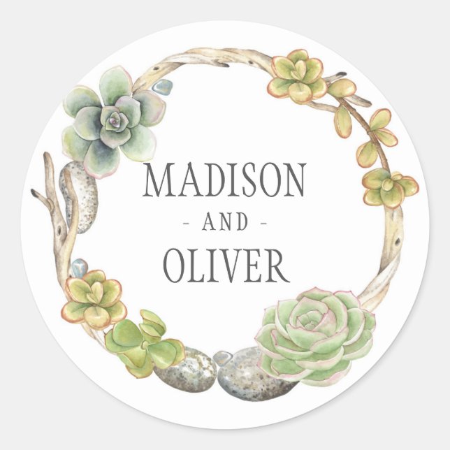 Wreath of Succulents, Twigs and Stones | Wedding Classic Round Sticker (Front)