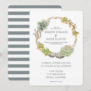 Wreath of Succulents, Twigs and Stones   Wedding Invitation