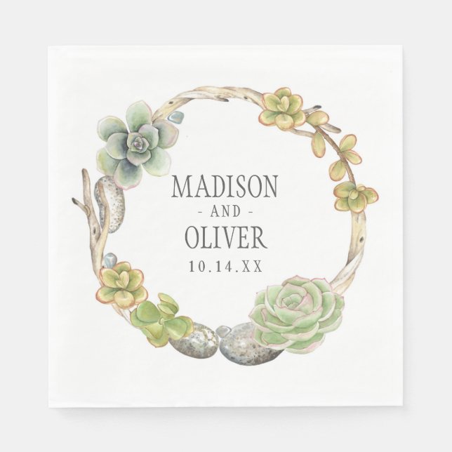 Wreath of Succulents, Twigs and Stones | Wedding Napkin (Front)