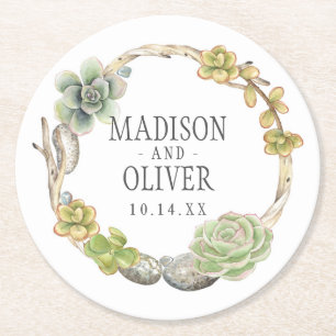 Wreath of Succulents, Twigs and Stones Wedding Round Paper Coaster