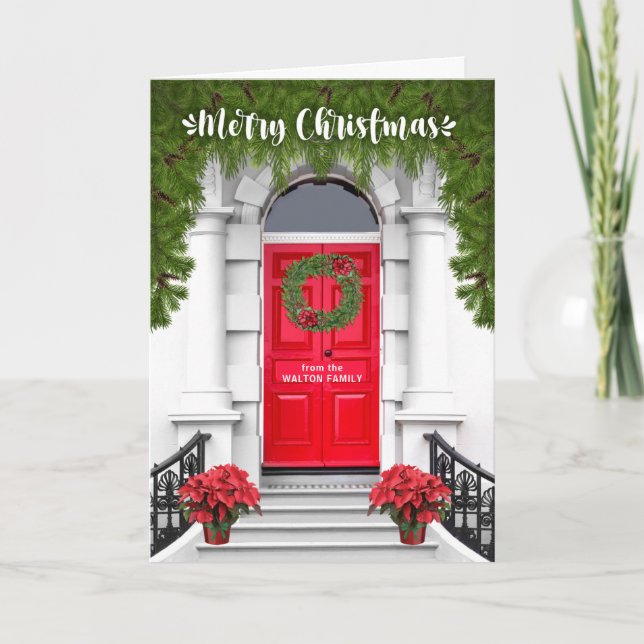 Wreath on the Door Merry Christmas with Name Holiday Card (Front)