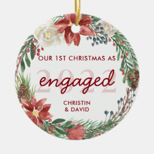 Wreath Our First Christmas As Engaged Photo Ceramic Tree Decoration