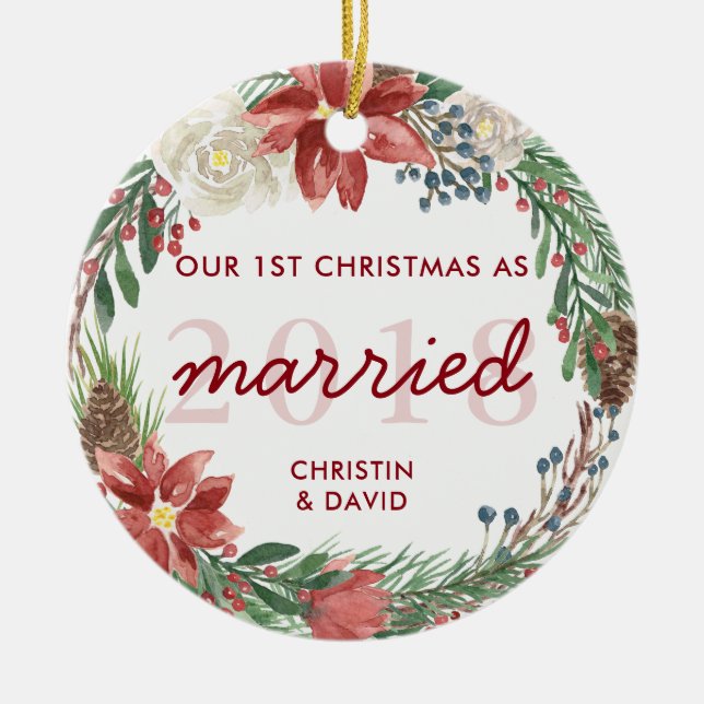 Wreath Our First Christmas As Married Photo Ceramic Tree Decoration (Front)