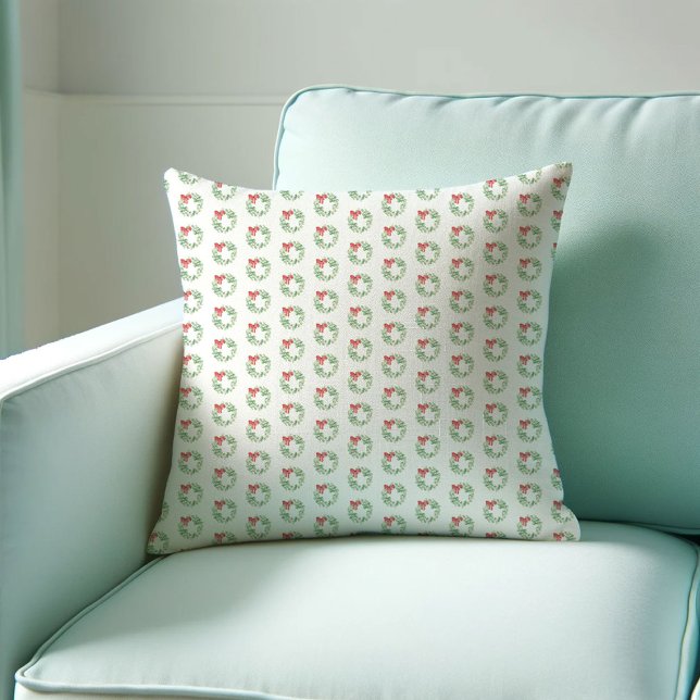 Wreath Pattern Cushion (Christmas throw pillow watercolor red and green wreath patter by Victoria Grigaliunas VG Invites)