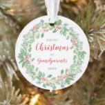 Wreath Photo Our First Christmas as Grandparents Ornament<br><div class="desc">Rustic keepsake acrylic ornament featuring a simple yet elegant design with a wreath consisting of watercolor painted greenery, red holly berries and "Our First Christmas as Grandparents" along with the year in green. The backside has your favourite newborn photo. This modern ornament makes a great gift for your parents the...</div>