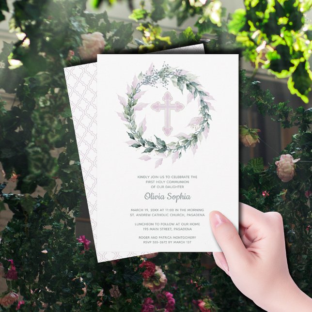 Wreath Pink Cross First Communion Invitation (Pink Cross Wreath First Communion Invitations)
