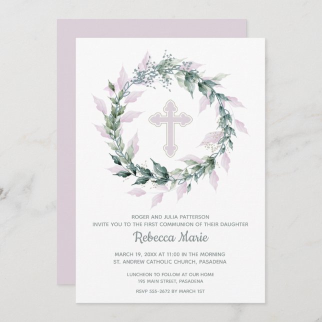 Wreath Pink Cross First Communion Invitations (Front/Back)