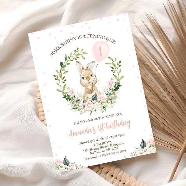 Wreath Pink Floral Some Bunny 1st Birthday  Invitation (Some Bunny is One Invitation Template Printable, Some Bunny is turning 1 Invitation Template
)