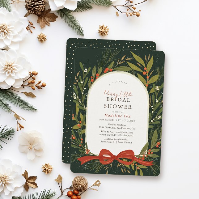 Wreath Red Bow Green Merry Little Bridal Shower Invitation (Creator Uploaded)